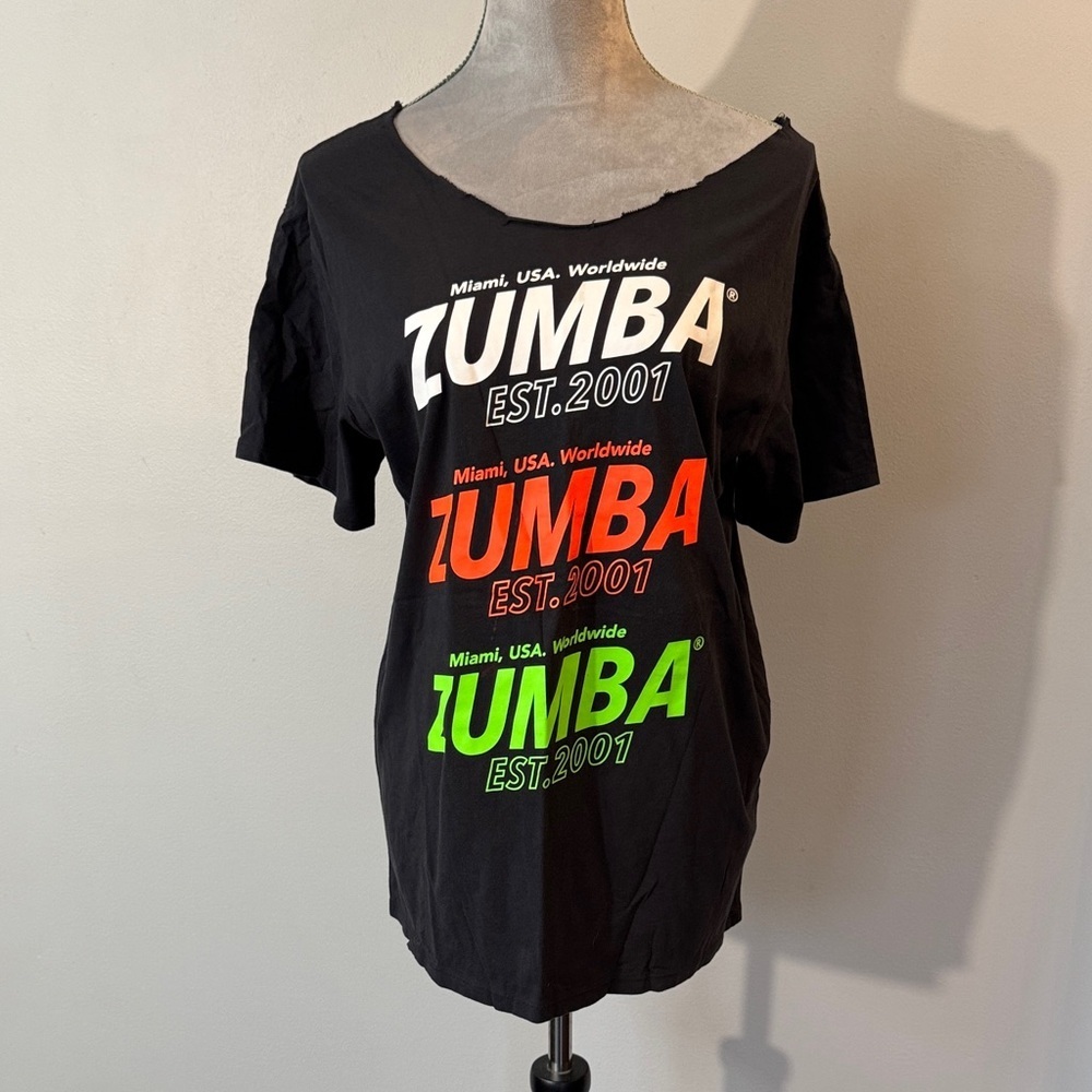 Zumba Fitness Black Short Sleeve Tee with White, Red & Neon Green Logos M